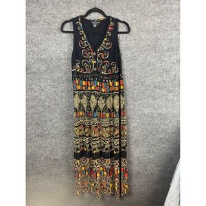 Carole Little Maxi Dress Women's 8 Black Multi Color GoodTribal Boho Rayon